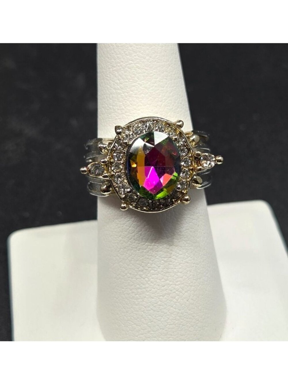 Rainbow Mystic Topaz Oval Ring With Clear CZ Accents In Two-Tone Sterling Silver
